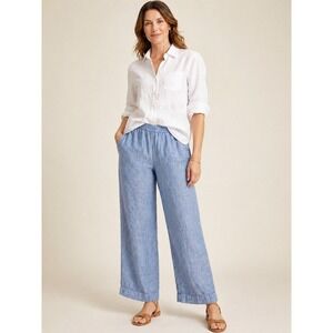 Talbots 100% Linen Wide Leg Pants 10P Blue Elastic Waist Crop Trousers IN5324